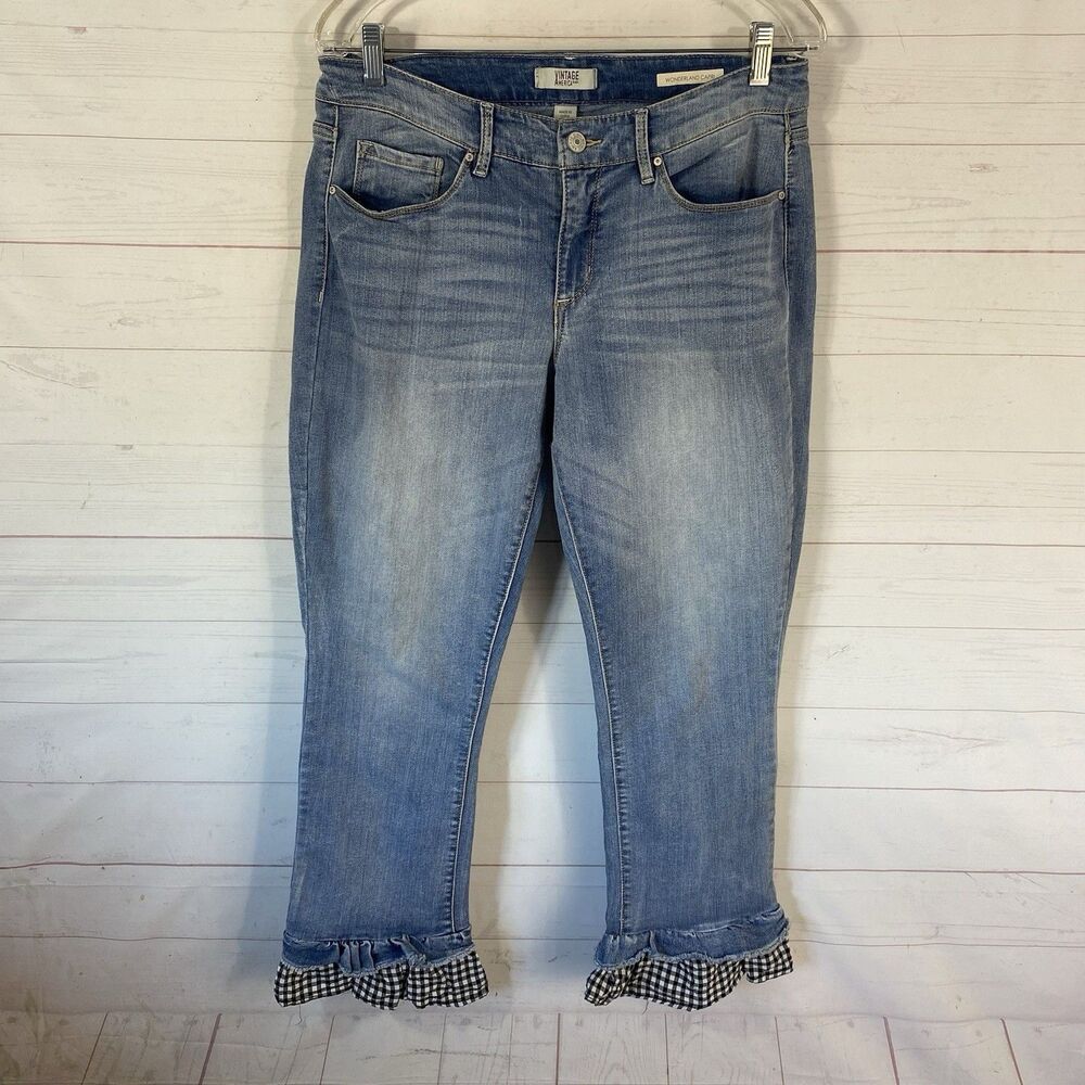 Vintage America Womens Ruffled Cuff Wonderland Capri Jeans Sz 10 Blue Stretch
